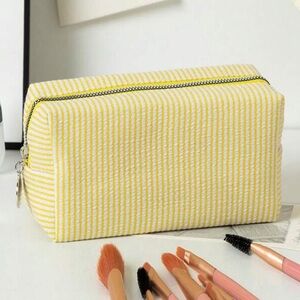Buy it Now! Yellow white striped seersucker cosmetic bag